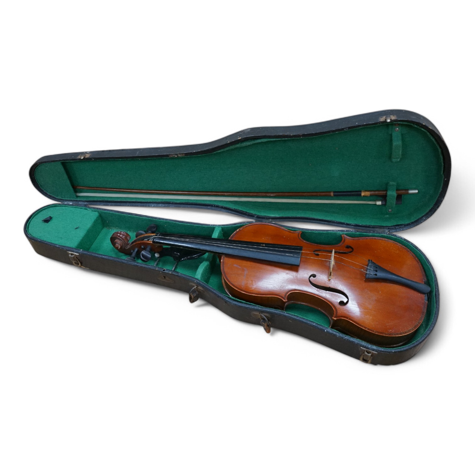 An early 20th century violin, possibly Czech, with internal label for ‘Maidstone Orchestra Association, Oxford St. London’ and bow, in case, length of back of body, 36cm., Condition - fair to good.